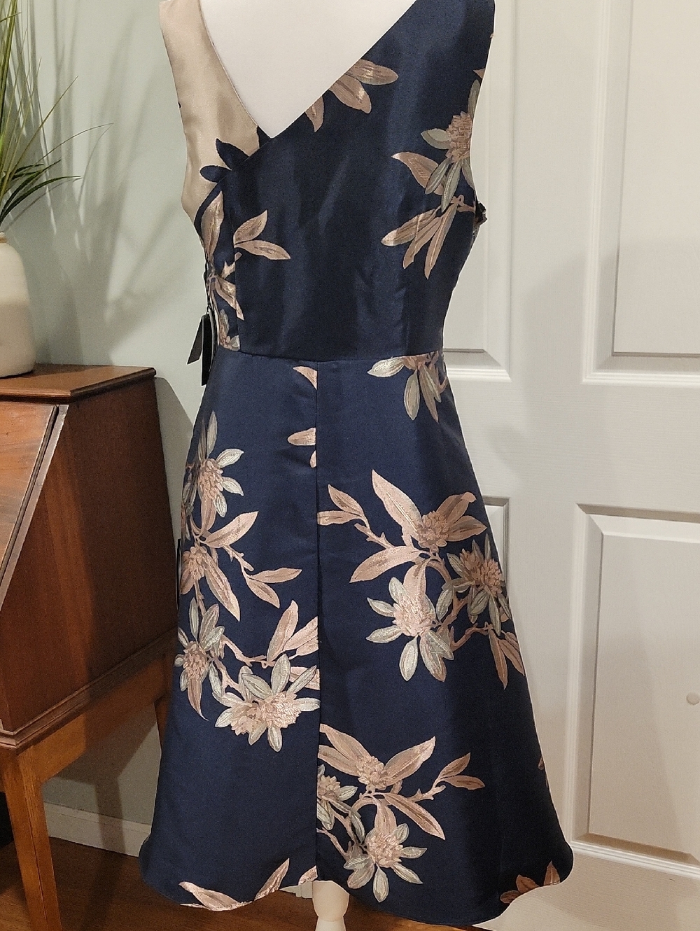 Adrianna Papell Sleeveless Navy Dress with Rose Gold Floral Jacquard - Picture 10 of 11
